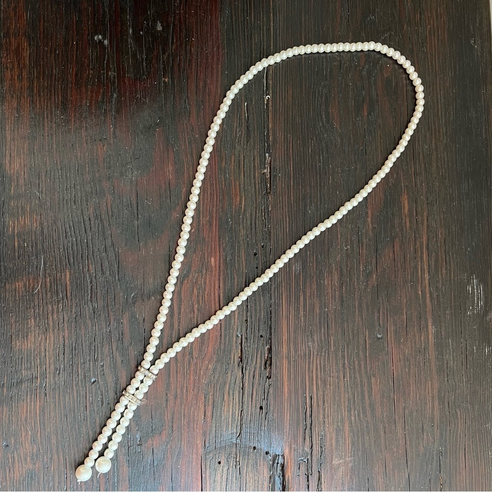 Vintage Pearl drop pendant style bolero necklace rhinestones 16" white silver